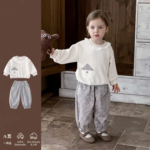 Ensemble Deux Pièces Décontracté pour Petites Filles en Coton Haut à Manches Longues Avec Col en Dentelle et Pantalon Fleuri