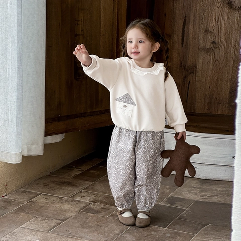 Ensemble Deux Pièces Décontracté pour Petites Filles en Coton Haut à Manches Longues Avec Col en Dentelle et Pantalon Fleuri