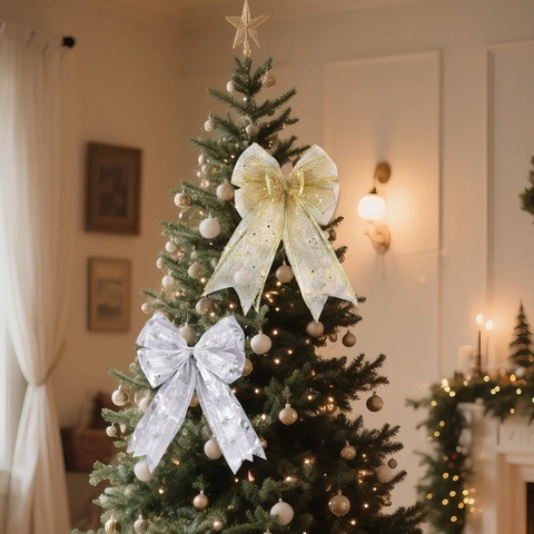 Décoration de Noël Nœud Papillon Or Argent Double Couche Nœud en Maille pour Sapin de Noël Boîte Cadeau Décor Fait à la Main Polyester Suspendu
