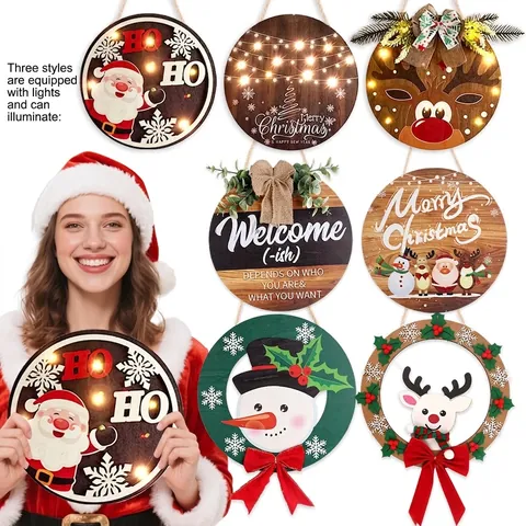 Christmas Wooden Hanging Sign LED Light Up Reindeer Santa Snowman Welcome Door Plaque Merry Christmas Party Home Wall Decor
