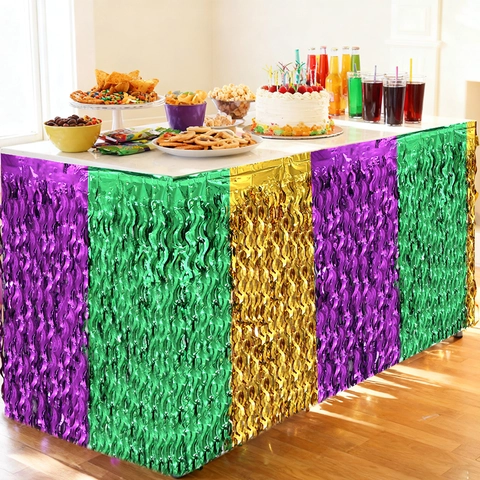 Jupe de Table Mardi Gras Vert Or Violet Tricolore Franges en Gland Métallique Coupe Ondulée Auto Adhésive Bannière en Feuille PET pour Décoration Fête Carnaval
