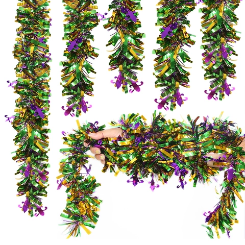 Mardi Gras Metallischer Lametta Girlande Lila Grün Gold Lametta Streamer Mit Fleur De Lis Karneval Festliche Party Dekoration