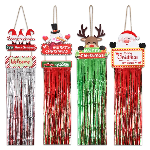 Decorazione da Appendere alla Porta in Legno di Natale Design Animato Renna Babbo Natale Pupazzo di Neve Con Frange di Pioggia PET