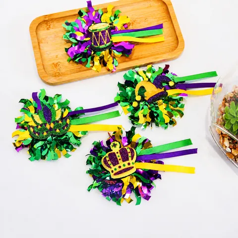 Mardi Gras Hair Clips Set Purple Green Gold Glitter Jester Hat Crown Mask Carnival Party Hair Accessories For Women Girls
