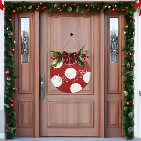 Letrero de Madera para Puerta de Navidad Rústico Merry Christmas Placa Colgante Redonda Reno Árbol Camión Decoración de Granja