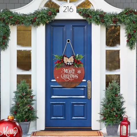 Christmas Wood Door Sign Merry Christmas Round Wooden Hanging Plaque With Bowknot Artificial Plant For Home Festival Wall Decor