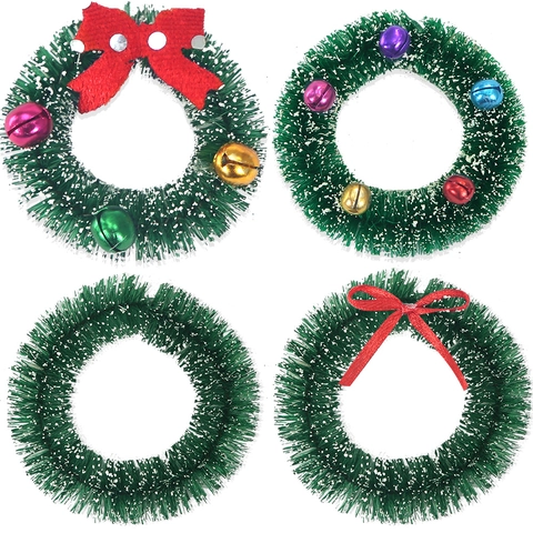 Mini Couronne de Noël Ornements Avec Nœud Papillon Cloches Flocage de Neige Aiguille de Pin Guirlande pour Sapin de Noël Maison Fête Décor