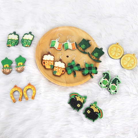 Boucles d'Oreilles Trèfle Vert Pailleté pour Saint-Patrick Femmes Festival Irlandais Gnome Chope de Bière Fer à Cheval Bijoux de Fête
