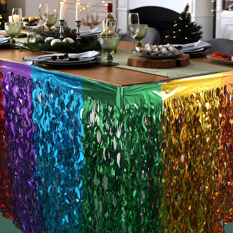 Gonna da Tavolo in Lamina Metallica Arcobaleno PET Laser Sfumato Frange Lametta per Decorazione Festa Compleanno Matrimonio