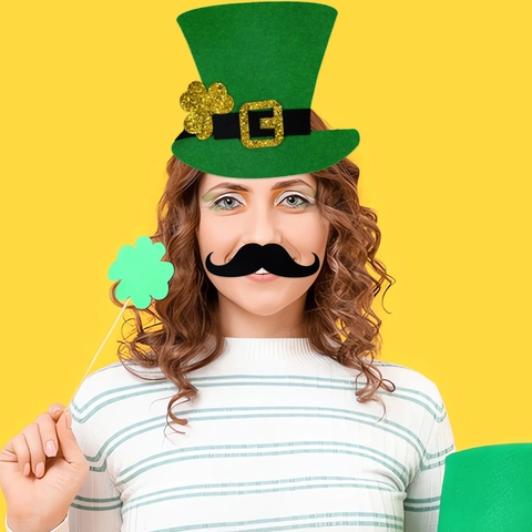 St. Patrick's Day Leprechaun Hat Fake Beard Irish Festival Party Costume Accessories Green Shamrock Top Hat Mustache Kit