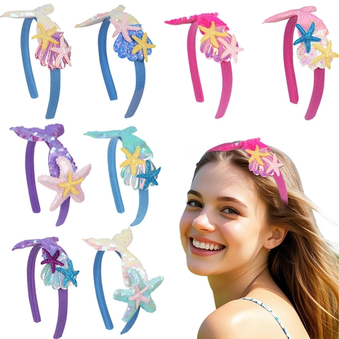 Cerchietto Coda di Sirena Con Decorazione di Conchiglia Stella Marina di Paillettes Per Bambini Festa di Compleanno Accessori per Capelli