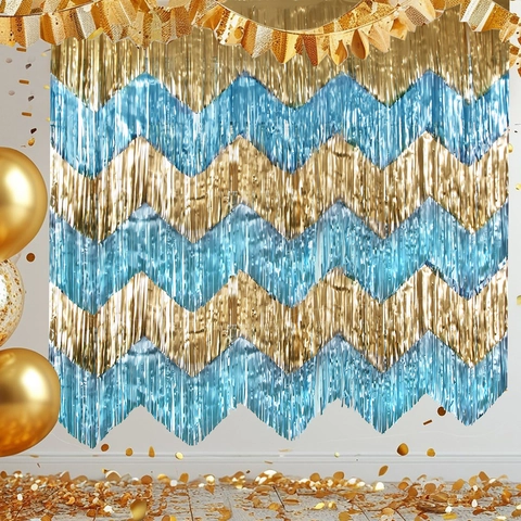 Metallic Foil Fringe Curtain Wave Pattern PET Tinsel Streamer Backdrop For Party Birthday Wedding Background Wall Decoration Banner