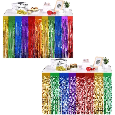 Rainbow Tinsel Table Skirt Metallic Foil Fringe Tablecloth For Birthday Party Unicorn Theme Decorations Festive Supplies