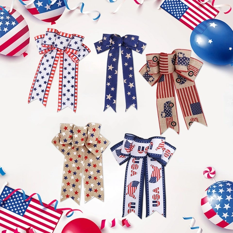 Independence Day Patriotic Bow Decoration American Flag Star Stripes Printed Polyester Bowknot For Home Party Ornament
