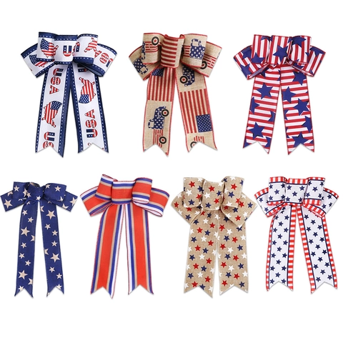 Decorazioni per il Giorno dell'Indipendenza USA Fiocchi Patriottici Rosso Bianco Blu Stelle Strisce Fatti a Mano Effetto Lino Poliestere Fiocchi per Ghirlanda Scatola Regalo Festa