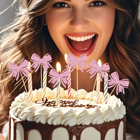 Rosa Glitzer Schleife Tortenstecker Dekoration Für Mädchen Geburtstag Party Hochzeit Feier Holzstab Backzubehör Bedarf