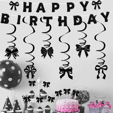 Black Glitter Happy Birthday Banner Set With Bowknot Hanging Swirls And Cake Toppers Party Decorations For Kids Birthday