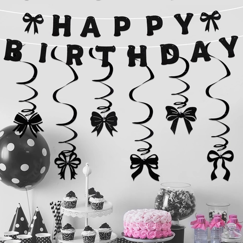 Glitter Happy Birthday Banner With Bowknot Hanging Spiral Swirls For Children Birthday Party Decoration Sparkly Paper Garland Backdrop