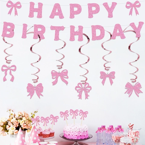 Set Decoración Fiesta Cumpleaños Lazo Rosa Purpurina Pancarta Happy Birthday Espirales Cake Toppers Para Niños Niñas
