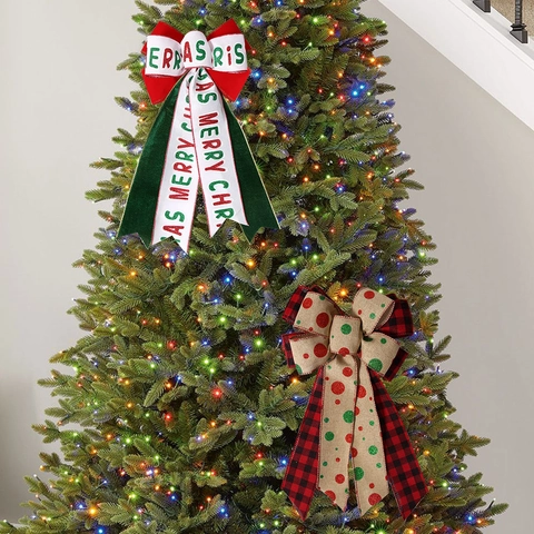 Grande Fiocco Decorativo Natalizio Fai Da Te in Lino a Quadretti Buffalo Con Pois Glitterati per Puntale Albero di Natale