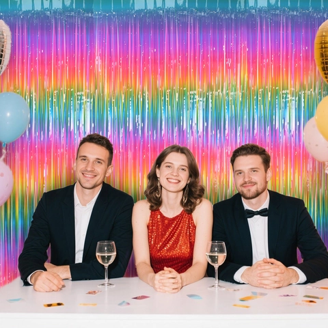 Regenbogen Verlauf Folie Fransenvorhang PET Laser Tinsel Hintergrund Für Geburtstag Hochzeit Party Dekorationen Foto Hintergrund