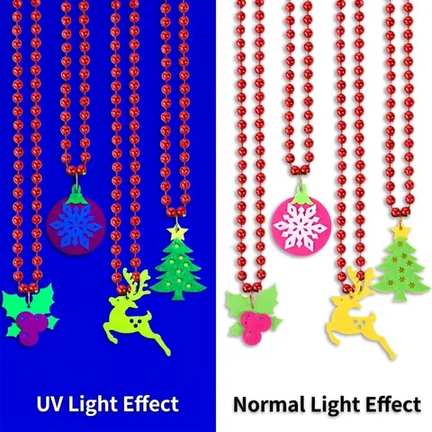 Fluorescent Christmas Necklace For Kids Party Cartoon Plastic Bead Chain With Felt Pendant Santa Reindeer Xmas Tree Gift