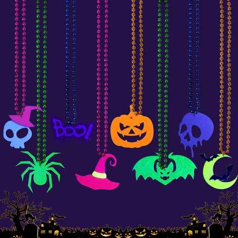 Collier Fluorescent Halloween Pendentif en Feutre Chaîne de Perles en Plastique Décoration de Fête Citrouille Chauve-souris Crâne Pour Hommes Femmes
