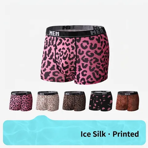 Herren Leopard Muster Boxershorts Eisseide Atmungsaktiv Mittlere Taille Unterwäsche Tierdruck Sexy Strick Trunks Für Herren