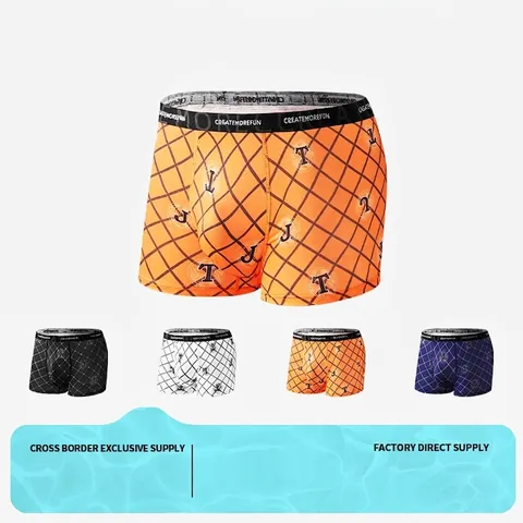 Men's Breathable Plaid Boxer Briefs Antibacterial Polyester Knitted Underwear Casual Mid Waist Men's Boxer Shorts With Letter Print