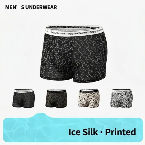 Men's Breathable Ice Silk Boxer Briefs Mid-Waist Printed Underwear Stars Leopard Graffiti Geometric Boxer Shorts For Men