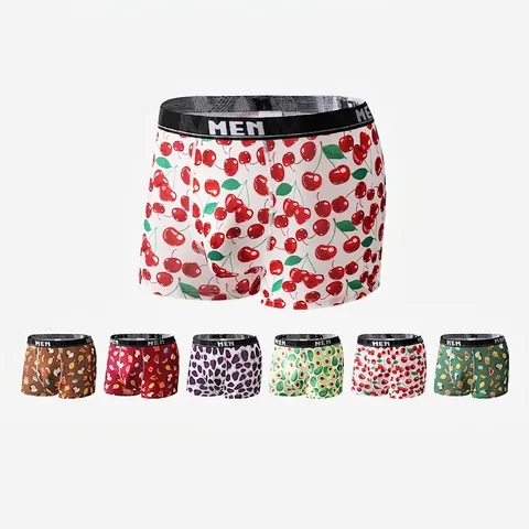 Men Ice Silk Boxer Briefs Breathable Polyester Underwear Cartoon Food Fruit Printed Mid-Waist Comfortable Underpants