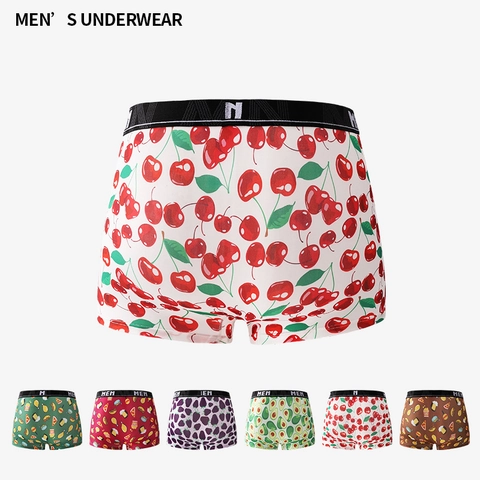 Men Ice Silk Boxer Briefs Breathable Polyester Underwear Cartoon Food Fruit Printed Mid-Waist Comfortable Underpants