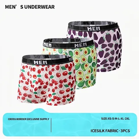 Herren Ice Silk Bedruckte Boxershorts Atmungsaktiv Schnelltrocknend Mittlere Taille Bequeme Obst Fast Food Muster Unterwäsche