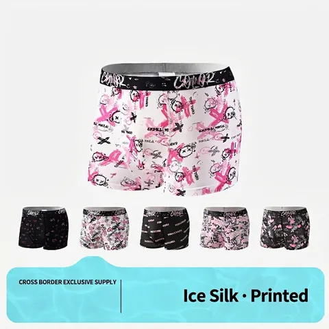 Men's Trendy Graffiti Printed Boxer Briefs Breathable Polyester Ice Silk Feel Mid Waist Casual Underwear For Men