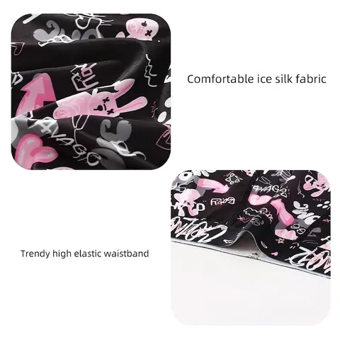 Men's Trendy Graffiti Printed Boxer Briefs Breathable Polyester Ice Silk Feel Mid Waist Casual Underwear For Men
