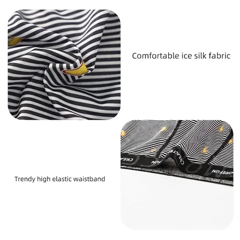 Men Banana Print Striped Boxer Briefs Breathable Mid Waist Polyester Elastane Blend Trendy Graphic Underwear For Men