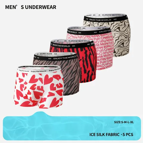 Boxer da Uomo in Seta di Ghiaccio Traspiranti Vita Media Set Intimo Stampato Motivo Cuore Lettera Boxer Comodi da Uomo