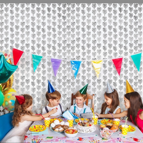 Tenda in Seta Pioggia a Foglia di Monstera Hawaiiana Tenda per Porta in Frangia di Lamina di PET Metallico per Decorazione Sfondo Compleanno Festa a Tema Tropicale
