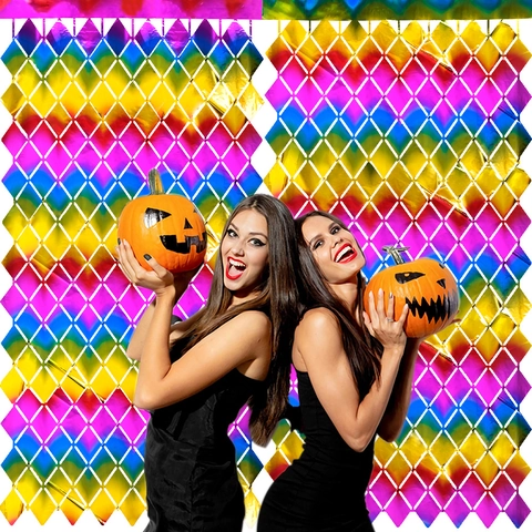 Tenda a Frange di Alluminio a Rombi Laser Arcobaleno Sfondo Colorato per Decorazione Festa Compleanno Matrimonio Natale Halloween