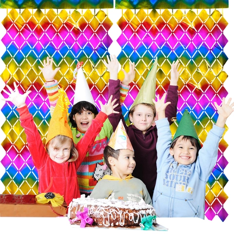 Tenda a Frange di Alluminio a Rombi Laser Arcobaleno Sfondo Colorato per Decorazione Festa Compleanno Matrimonio Natale Halloween
