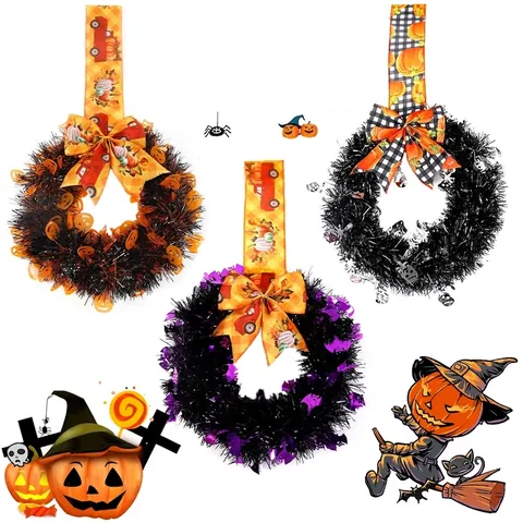 Halloween Wreath Door Hanging Decoration Pumpkin Bat Skull Plaid Bow Tinsel Garland For Party Home Indoor Outdoor Wall Decor