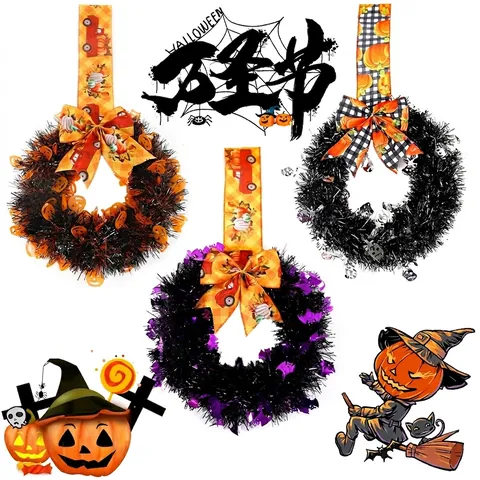 Ghirlanda di Halloween Decorazione Porta Zucca Pipistrello Teschio Fiocco Scozzese Ghirlanda Lucida per Casa Festa Parete