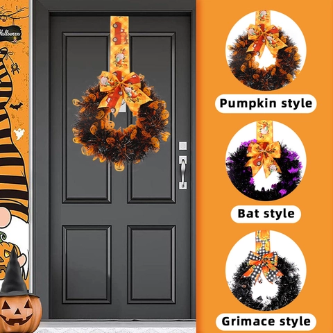 Ghirlanda di Halloween Decorazione Porta Zucca Pipistrello Teschio Fiocco Scozzese Ghirlanda Lucida per Casa Festa Parete