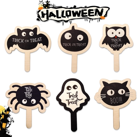 Wooden Halloween Handheld Props Pumpkin Ghost Spider Bat Trick Or Treat Signs For Party Atmosphere Decoration Photo Props