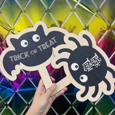 Halloween Party Wooden Handheld Signs Photo Booth Props Ghost Pumpkin Owl Bat Spider Cartoon Character Decorative Stick Signs
