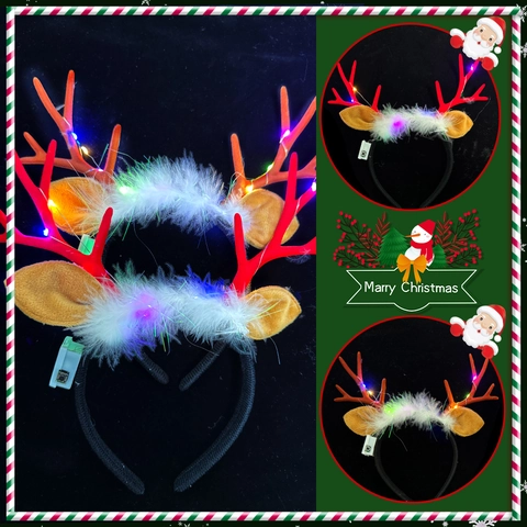 Cerchietto Con Corna di Natale a LED Luminoso Bambini Corna di Renna Accessorio Per Capelli Con Piume Decorazioni Festa in Plastica Stoffa