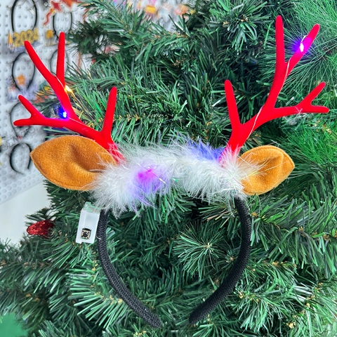 Cerchietto Con Corna di Natale a LED Luminoso Bambini Corna di Renna Accessorio Per Capelli Con Piume Decorazioni Festa in Plastica Stoffa