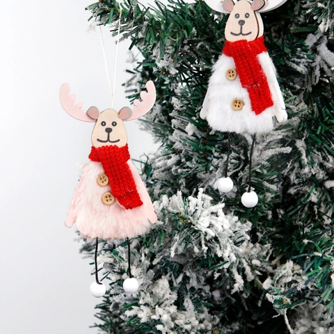 Ornamento Sospeso in Legno e Peluche a Forma di Renna Decorazione Albero di Natale Con Sciarpa Rossa per Festa