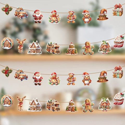 Weihnachten Lebkuchenmann Wimpelkette Papier Girlanden Für Weihnachtsfeier Home Decor Weihnachtsmann Rentier Muster Dekoration
