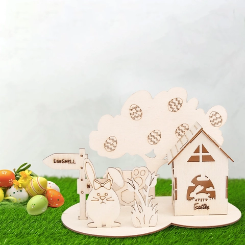 Easter 3D Wooden Puzzle DIY Painting Ornament Bunny Egg House Desktop Decoration Kids Gift Festival Party Supplies
